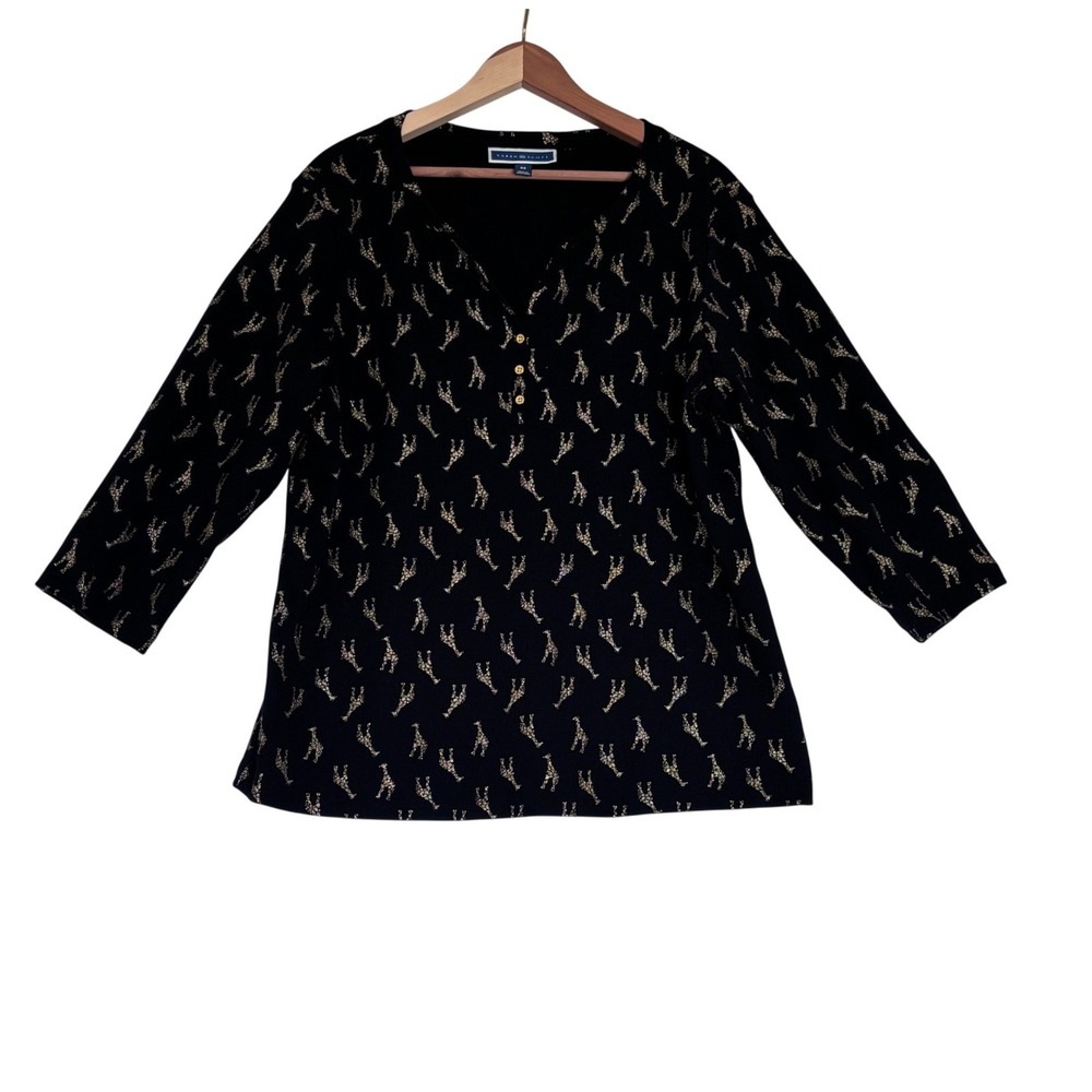 Black Gold Giraffe Henley All Over Print Womens 0X Top 3/4 Sleeve Cotton
